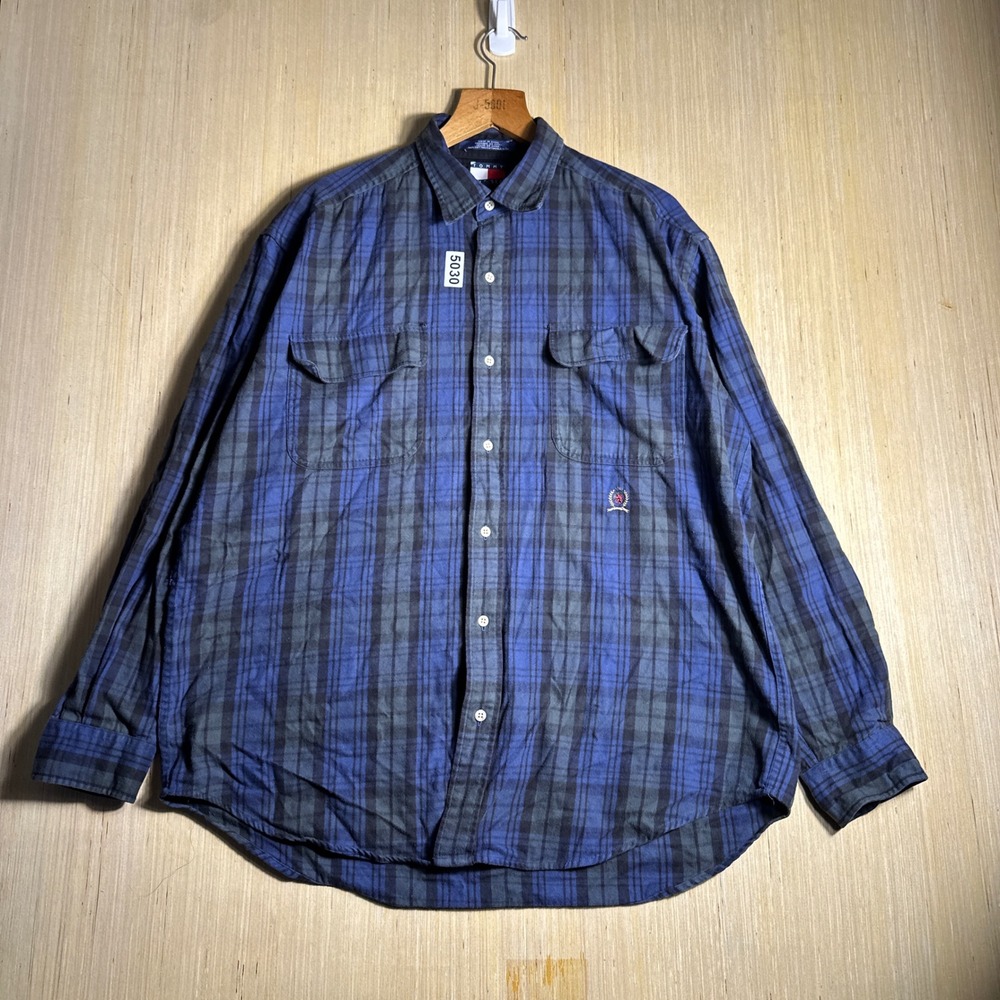Vintage Tommy Hilfiger Plaid Shirt Mens Large Blue 90s Crest Logo Long Sleeve